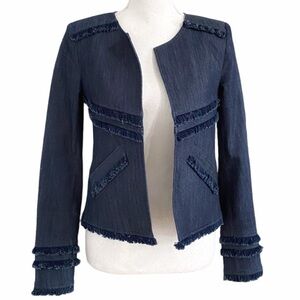 ELIZABETH AND JAMES DARK WASH DENIM FRINGE COLLARLESS JACKET - XS